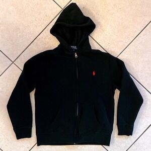 Polo Ralph Lauren Zip Hoodie Kids L 14-16 Black Excellent Red Pony Logo Fleece